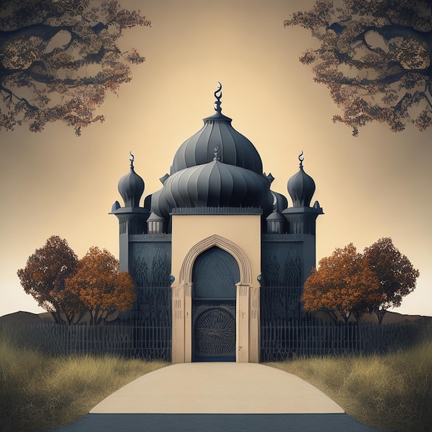 Een 3D-illustratie van een moskee met een poort in het midden in moslim