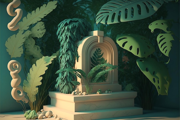 Een 3D illustratie van een plant met een rond frame en een bladgoud