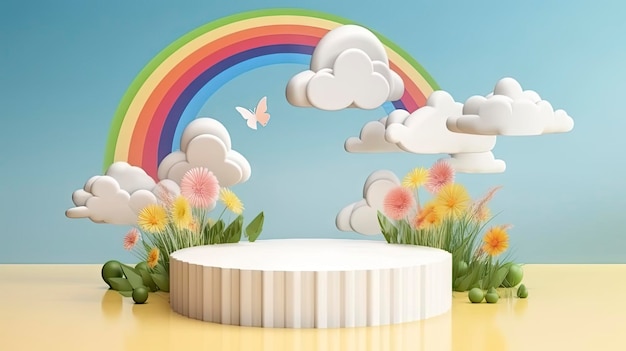 Een 3d illustratie van een rond podium met een regenboog en bloemen.