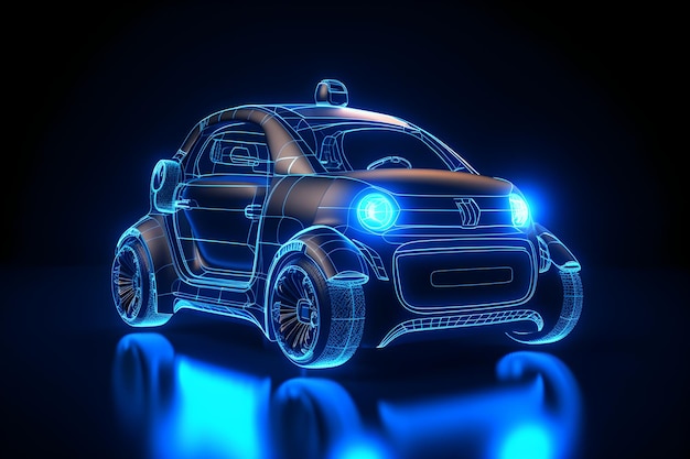 Een 3D illustratie van een slimme auto met blauwe lichten.