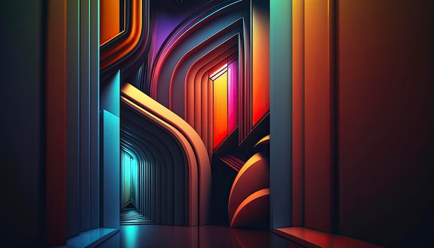 Een 3d illustratie van een tunnel met een kleurrijke achtergrond.