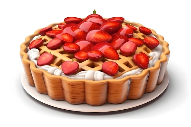 Een 3D illustratie van een wafel met aardbeien erop.