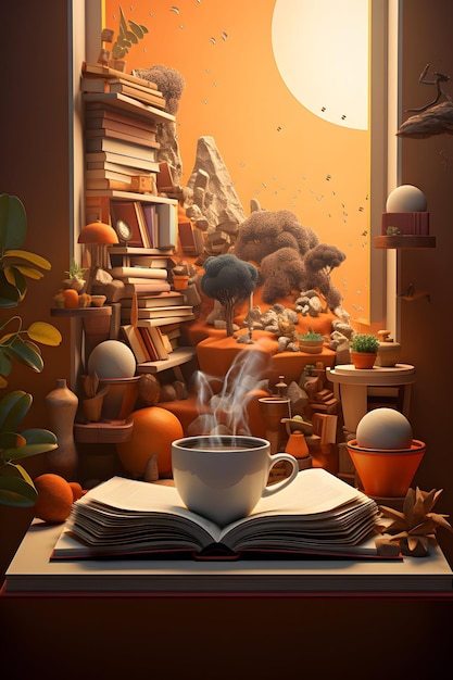 een 3D illustratie voor koffie en boeken