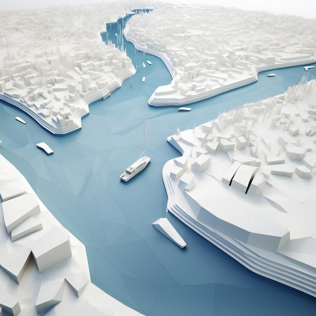 Een 3D-kaart van een stad met een rivier en een boot in het midden.