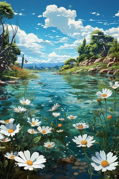een 3D-landschapspapier met bloemen en gras in het veld in de stijl van een romantisch rivierlandschap