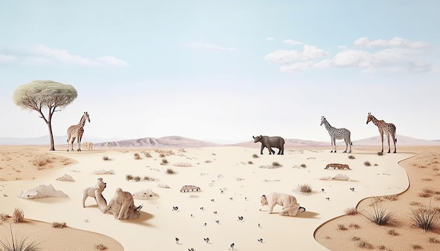 een 3D-minimalistische poster met een reeks voetafdrukken die elk behoren tot een ander dier