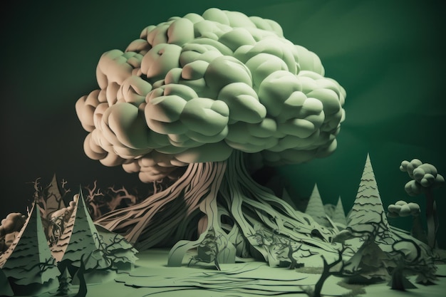 Een 3D-model van een boom met een bos op de achtergrond.