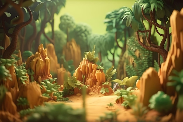 Een 3D-model van een bos met een jungle-tafereel.