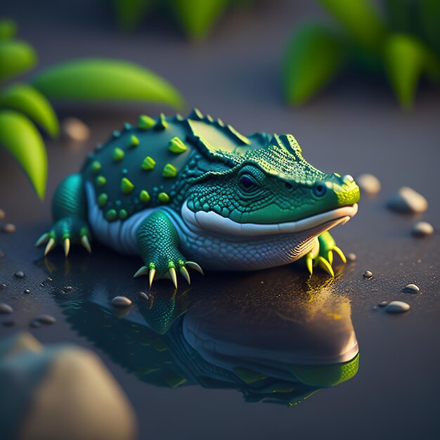 Een 3D-model van een groene en blauwe krokodil met groene ogen zit op een plas met bladeren.