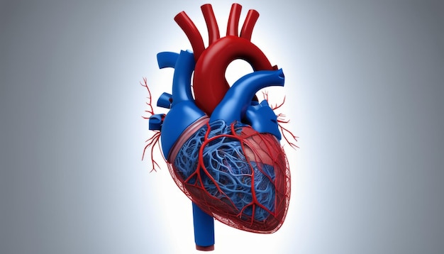Een 3D-model van een hart met blauwe en rode aderen