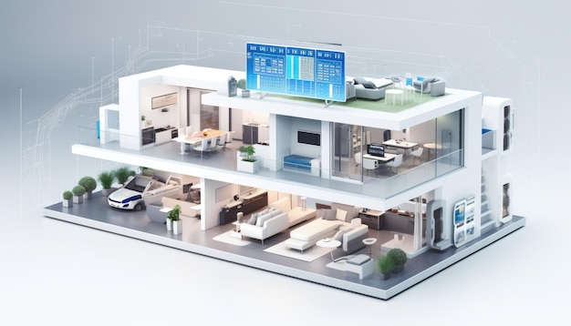 Een 3D-model van een huis met een blauw scherm waarop "blauw scherm" staat.