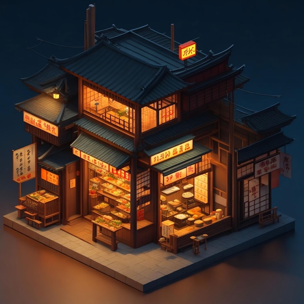 Een 3D-model van een Japans restaurant.