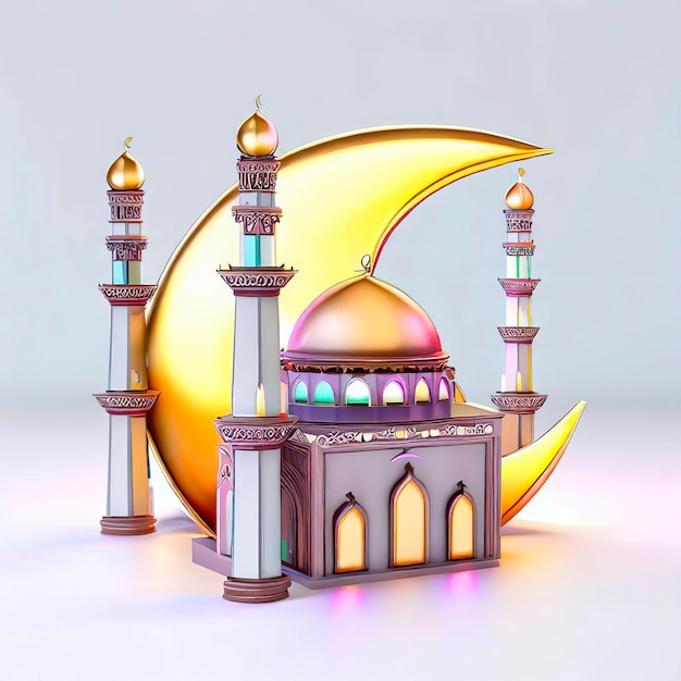 Een 3D-model van een moskee en een maan met het woord eid erop.