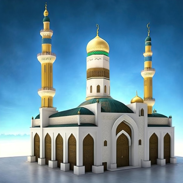 Een 3D-model van een moskee met gouden en groene ontwerpen.