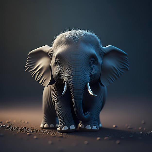 Een 3D-model van een olifant met witte slagtanden.