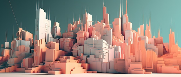 Een 3D-model van een stad met een grote stad op de achtergrond.