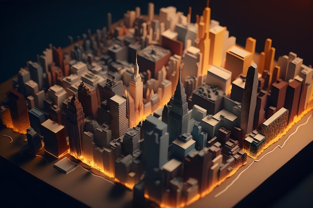 Een 3D-model van een stad met een wolkenkrabber in het midden.