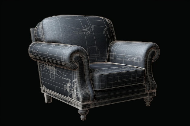 Een 3D-model van een stoel met de lijnen erop getekend.