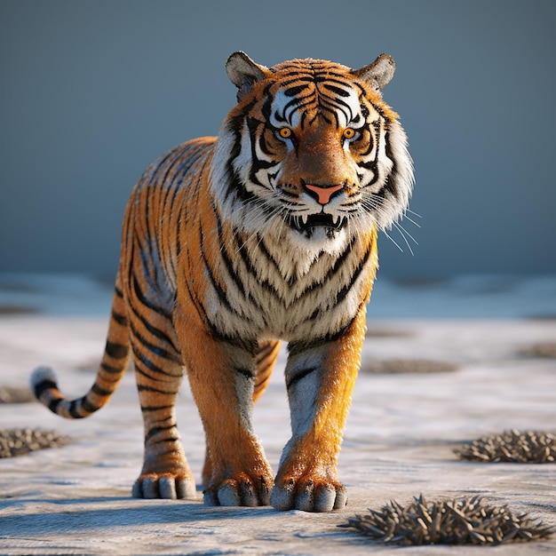 Een 3D-model van een tijger die door de sneeuw loopt.