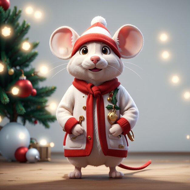 Foto een 3d-muis met een kerstkleding op een witte achtergrond
