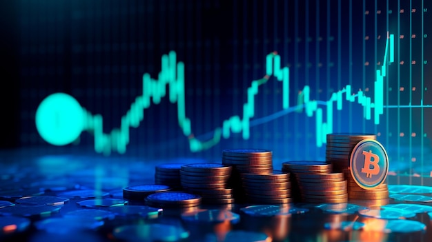 Een 3D-muntachtergrond met een blauwe financiële grafiek en investeringsbalk die groei en succes in de markt laat zien met technologie- en valutarapporten Generatieve AI
