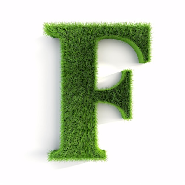 Een 3D-ontwerp van de letter F, gemaakt van gras met een witte achtergrond, een groen lettertype en een schaduw die de milieuvriendelijke natuur en het behoud van het milieu symboliseert, is gedetailleerd in een weelderige weide