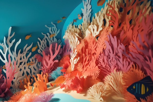 Een 3D-papierknipsel van koralen en vissen