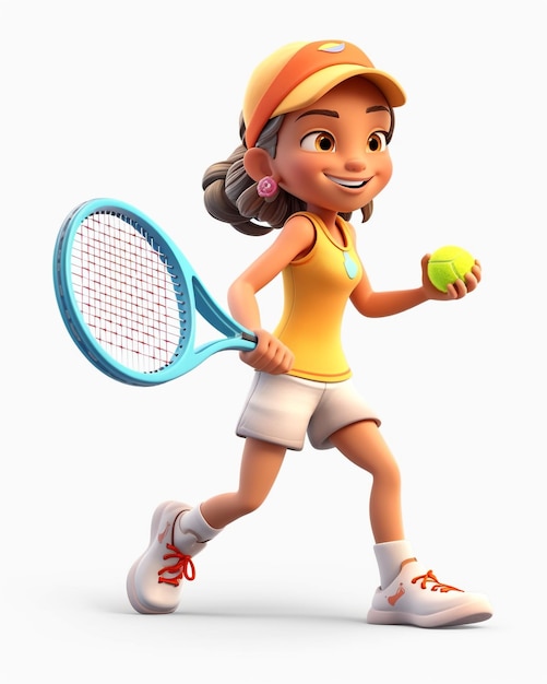 Een 3D-personagemeisje dat een tenniswedstrijd wint op witte achtergrond generatieve ai