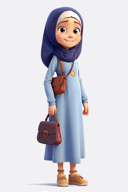 Een 3D-personageportret van een vrouw die een hijab draagt en een portemonnee vasthoudt, zoals een Pixar-personage