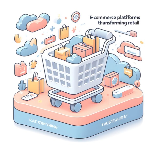 Een 3D plat icoon van een winkelwagentje met verschillende producten en de tekst E-commerce Platforms Transform