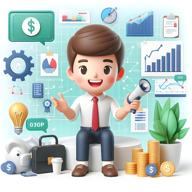 Een 3D plat icoon van zakelijk en financieel concept gelukkig Een jonge ondernemer die een bedrijfsidee presenteert