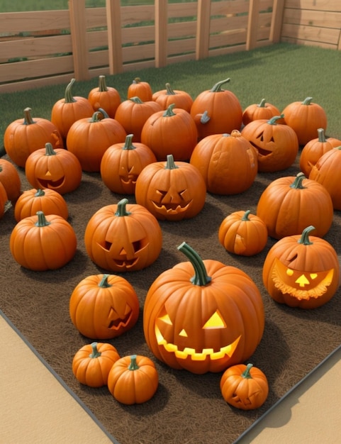 Een 3D-pompoenpatch met jackolanterns in alle soorten en maten