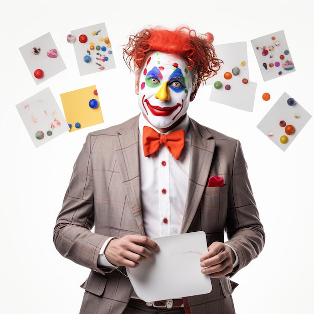 Een 3D-portret van een clown in kantoorkleding met stickers en marker in de hand