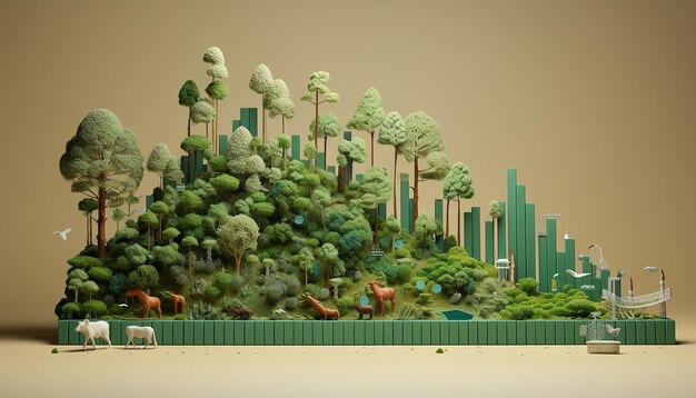 een 3D-poster in infografische stijl met een staafgrafiek van bomen van verschillende hoogtes