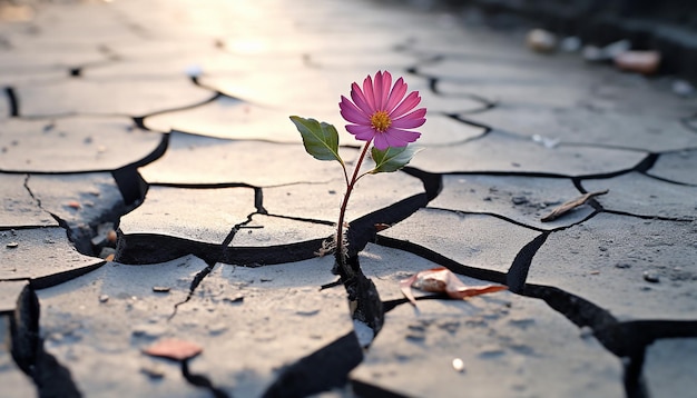 een 3D-poster met een enkele realistische bloem die door scheuren in het trottoir groeit