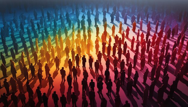 Foto een 3d-poster met een silhouet van een menigte met één persoon in een andere kleur