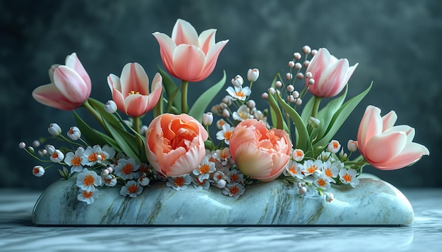 een 3D-postkaart die de essentie van de lente vastlegt met bloeiende bloemen een 3D-postkaart die de esse vastlegt