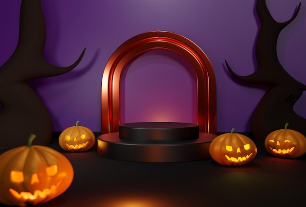 Een 3D render-podium met een Halloween-thema met duivelse pompoenen. kan worden gebruikt in dit festival