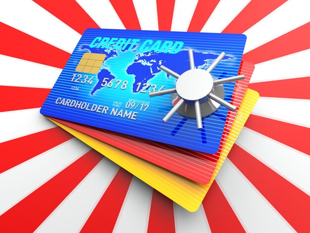 Een 3D-rendering blauwe creditcard met kluis