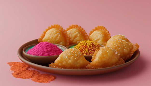 Foto een 3d-rendering van minimale holi-zoete lekkernijen zoals gujiya of ladoos