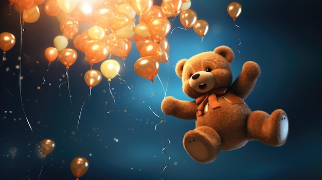 Een 3D-teddybeer die tijdens de vlucht een groep glinsterende ballonnen vasthoudt