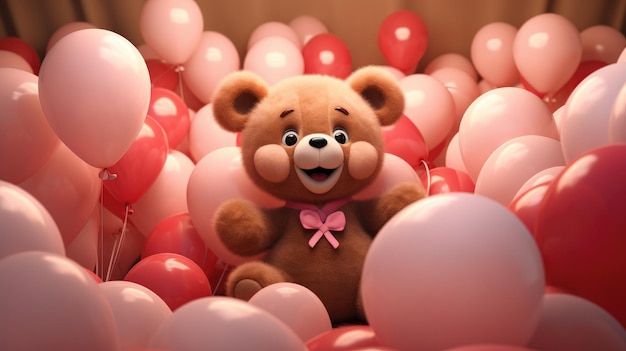 Een 3D-teddybeer met roze wangen en ballonnen in alle soorten en maten