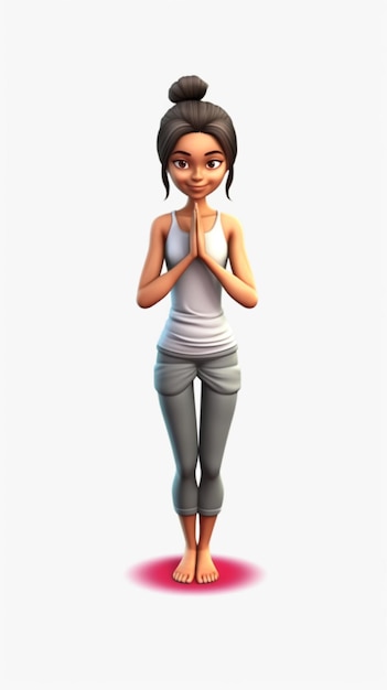 Een 3D-tekenfilmmeisje met een wit mouwloos onderhemd en broek die yogaoefening doet