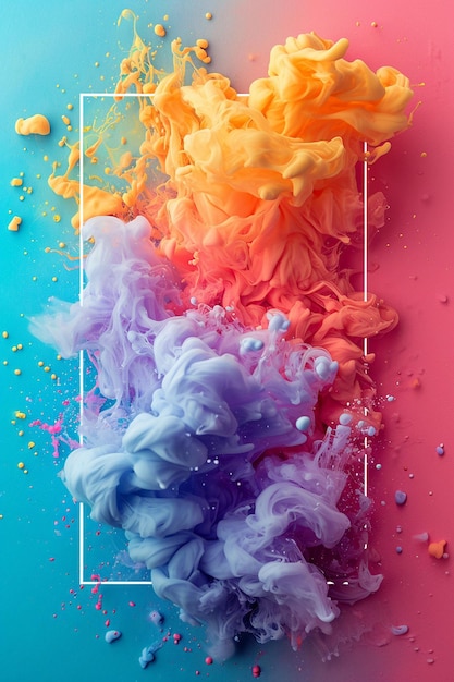 een 3D-uitnodiging met een kader gecreëerd door minimalistische Holi kleur splashes