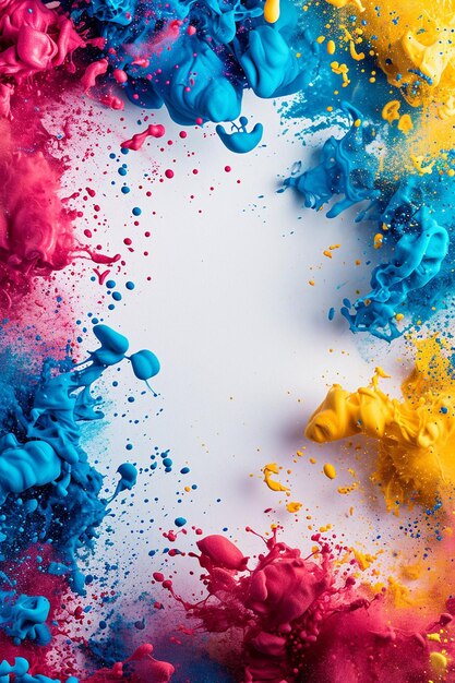 een 3D-uitnodiging met een kader gecreëerd door minimalistische Holi kleur splashes