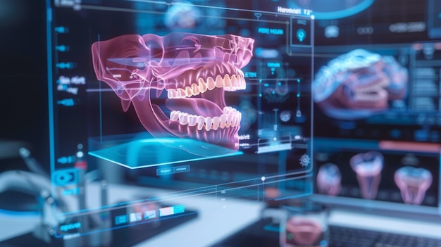 Foto een 3d-visualisatie van holografische tandheelkundige displays die verschillende hoeken van tanden tonen en geavanceerde diagnostische technologie in de tandheelkunde en medische beeldvorming illustreren