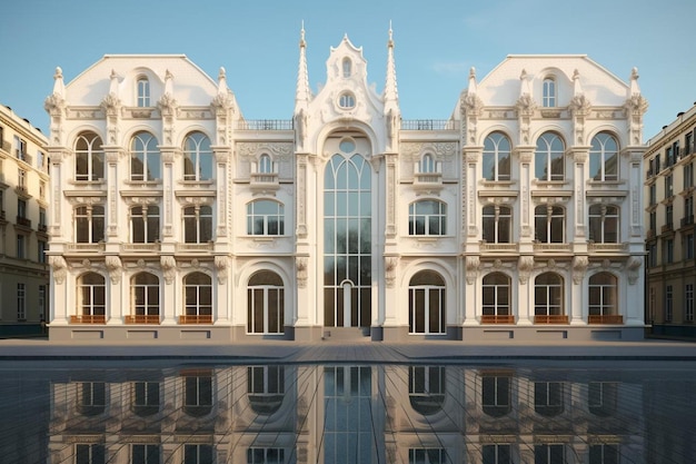 een 3D-weergave van een gebouw met een reflectie van het gebouw in het water.