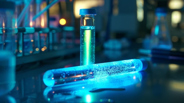 Foto een 3d-weergave van een gloeiende testbuis met een sprankelende stof die de ontdekking van wetenschappelijke experimenten en de magie van chemische reacties symboliseert