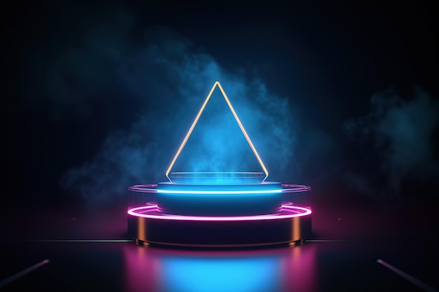 Een 3D-weergave van een podium met neonlichten en een driehoek erop.