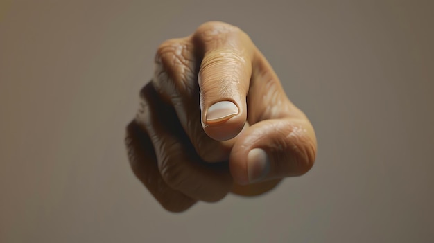 Foto een 3d-weergave van een realistische hand met de wijsvinger die naar de kijker wijst. de hand is scherp en heeft een licht gerimpelde textuur.